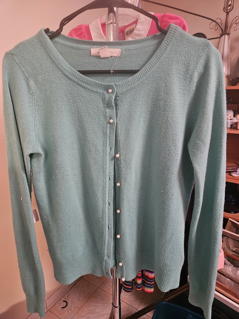 Bright Seafoam Gree. Cardigan Pearl Buttons